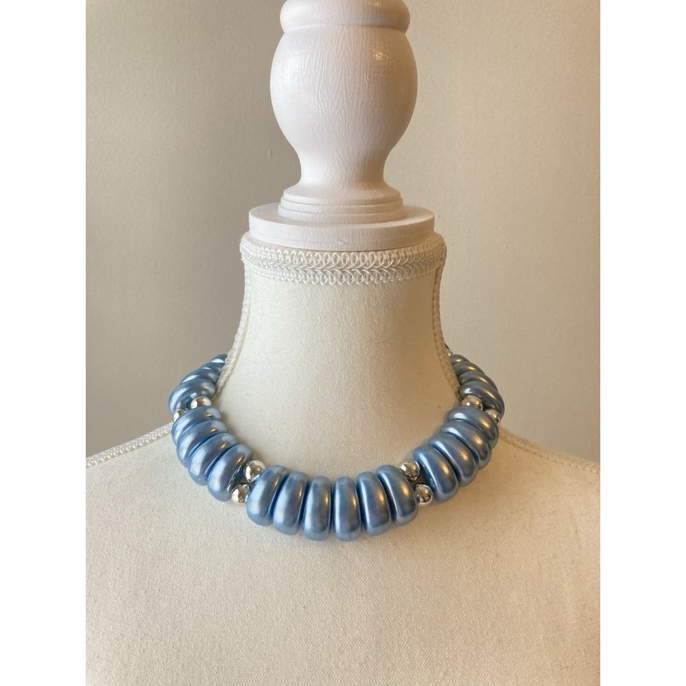 Vintage Blue Ribbed Bead Choker Necklace Silver Tone Retro Statement Chunky Glam